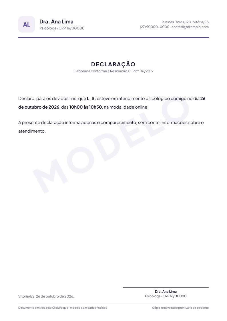Modelo de declaração de comparecimento