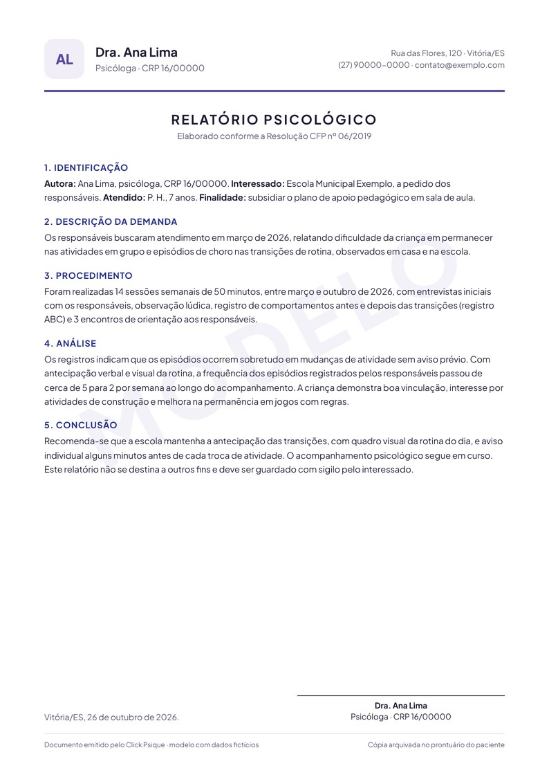 Modelo de relatório psicológico com identificação, demanda, procedimento, análise e conclusão