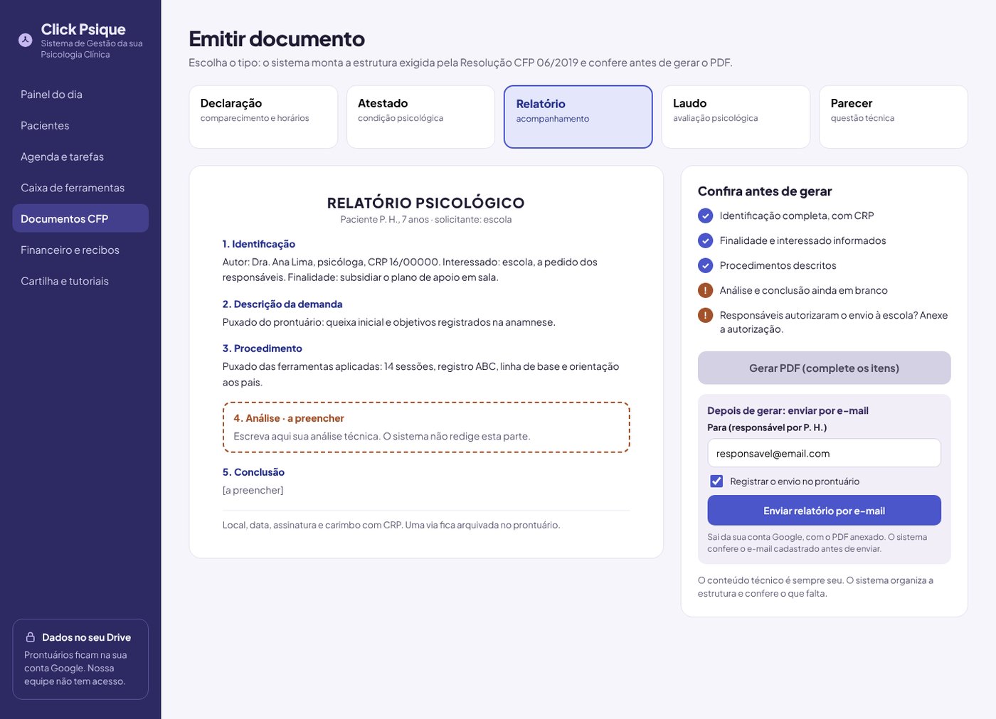 Tela de emissão de relatório com checklist de conferência