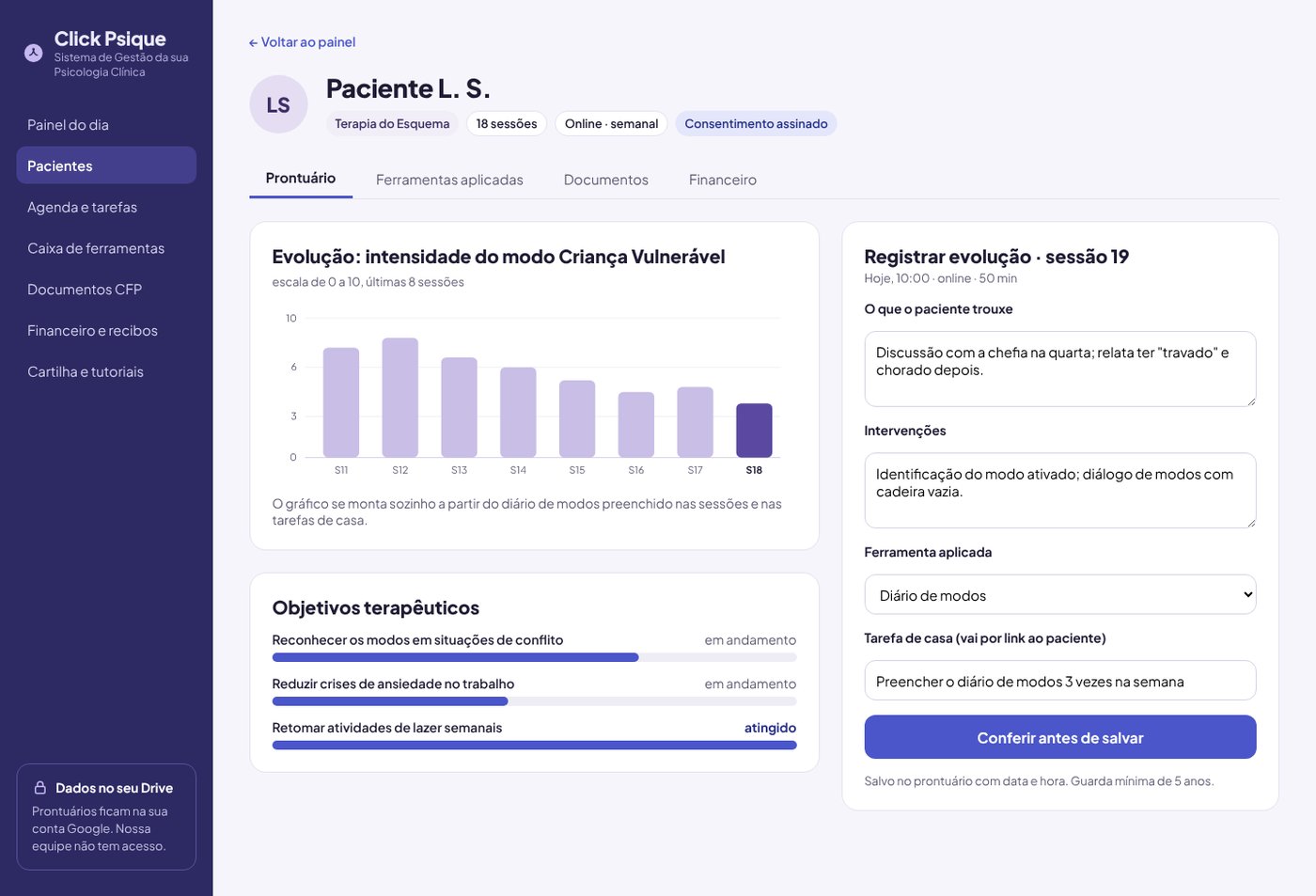 Ficha do paciente com gráfico de evolução e registro da sessão
